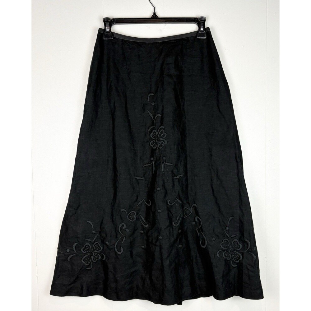 100% Linen Skirt Black Embroidered Cottagecore Witchy Natural Fibers Size 4